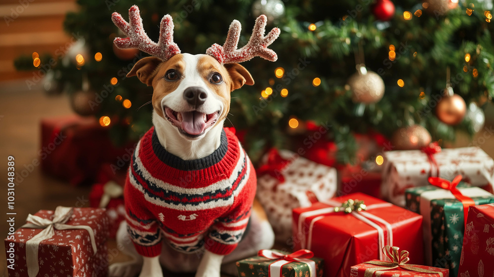 A cheerful dog wearing a Christmas sweater and reindeer antlers, sitting beside a pile of wrapped gifts under the Christmas tree