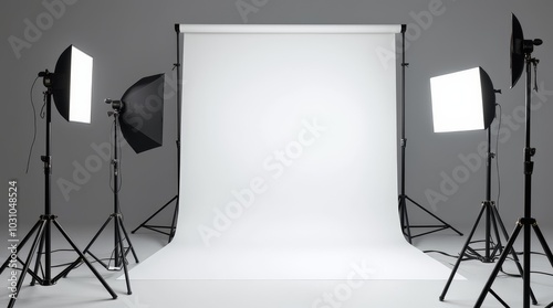 Studio setup with lighting equipment and a white backdrop prepared for a photoshoot in a professional photography studio