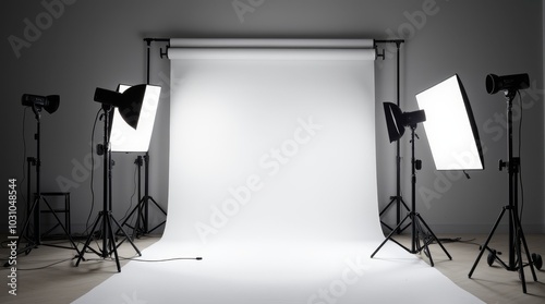 Studio setup with lighting equipment and a white backdrop prepared for a photoshoot in a professional photography studio