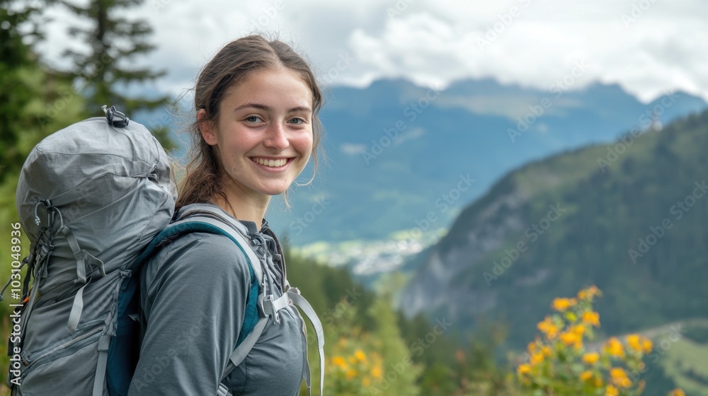 Close-up of a young woman with a backpack, smiling as she stands against a stunning natural landscape. The backdrop features lush greenery and majestic mountains, the joy of hiking and adventure. Close-up of a young woman with a backpack, smiling as she stands against a stunning natural landscape. The backdrop features lush greenery and majestic mountains, the joy of hiking and adventure.