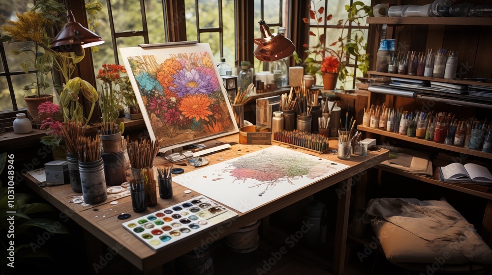 Art supplies and desk workspace for artists captured from above Art supplies and desk workspace for artists captured from above