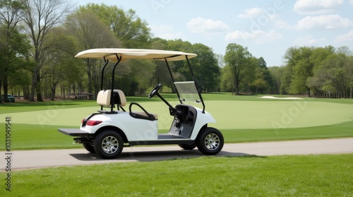 A white golf cart parked on a winding path beside a lush, green golf course on a sunny day