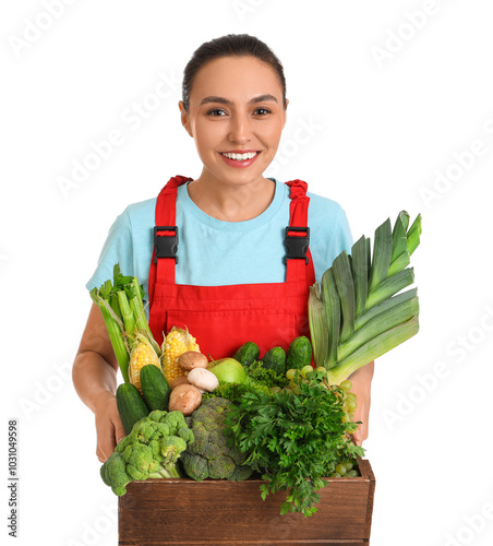 Female farmer with box of v...