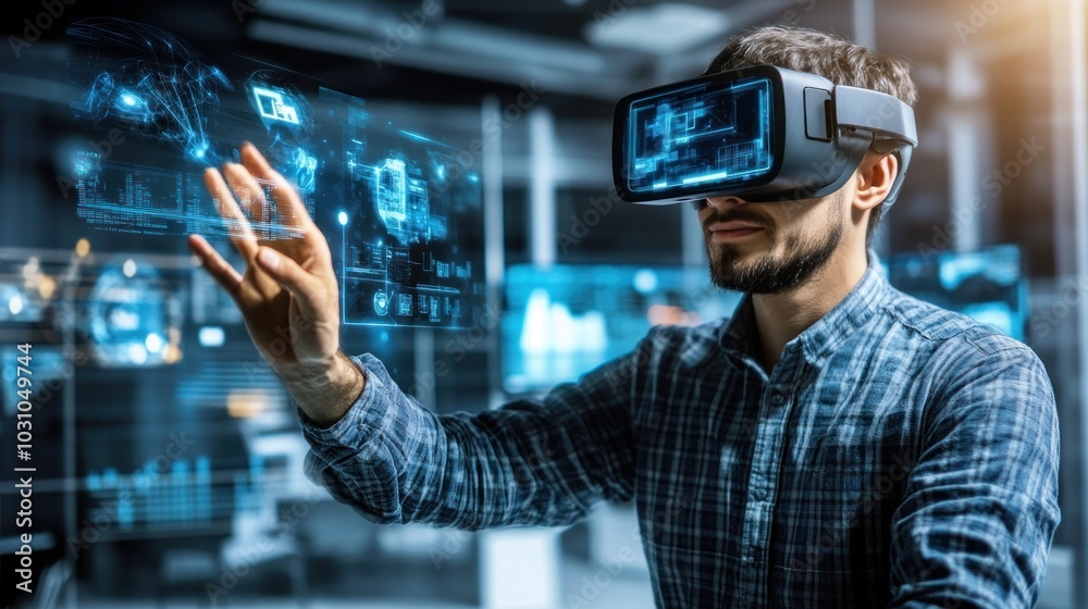 Man in VR Headset Interacting with Holographic Data Man in VR Headset Interacting with Holographic Data