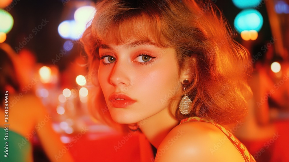 party in style of 80s, young woman dressed like in 80s looking at the camera, stunning fish-eye, high-definition photography captures every detail perfectly, center focus