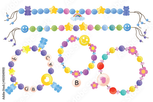Set of necklaces, bracelets in a cartoon style.Vector illustration of cute necklaces, bracelets with colored balls, bags, stars,rainbows,emoticons,letters strung on cords isolated on white background.