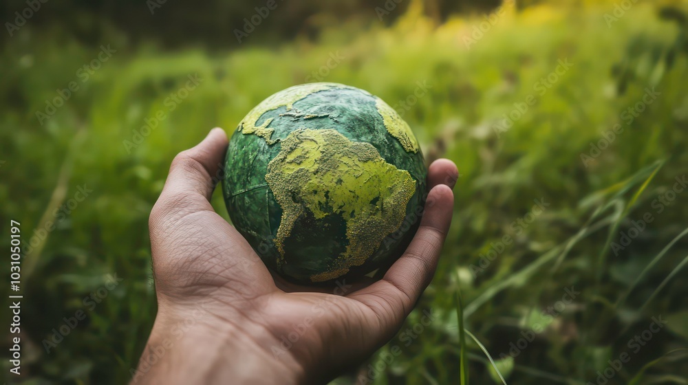A hand holds a small globe in a grassy field, symbolizing environmental care and the importance of our planet. A hand holds a small globe in a grassy field, symbolizing environmental care and the importance of our planet.