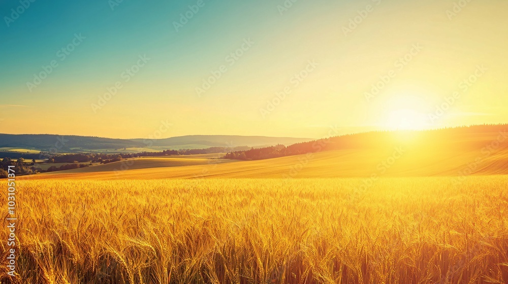 Golden Wheat Field at Sunset with Rolling Hills and a Distant Forest Golden Wheat Field at Sunset with Rolling Hills and a Distant Forest