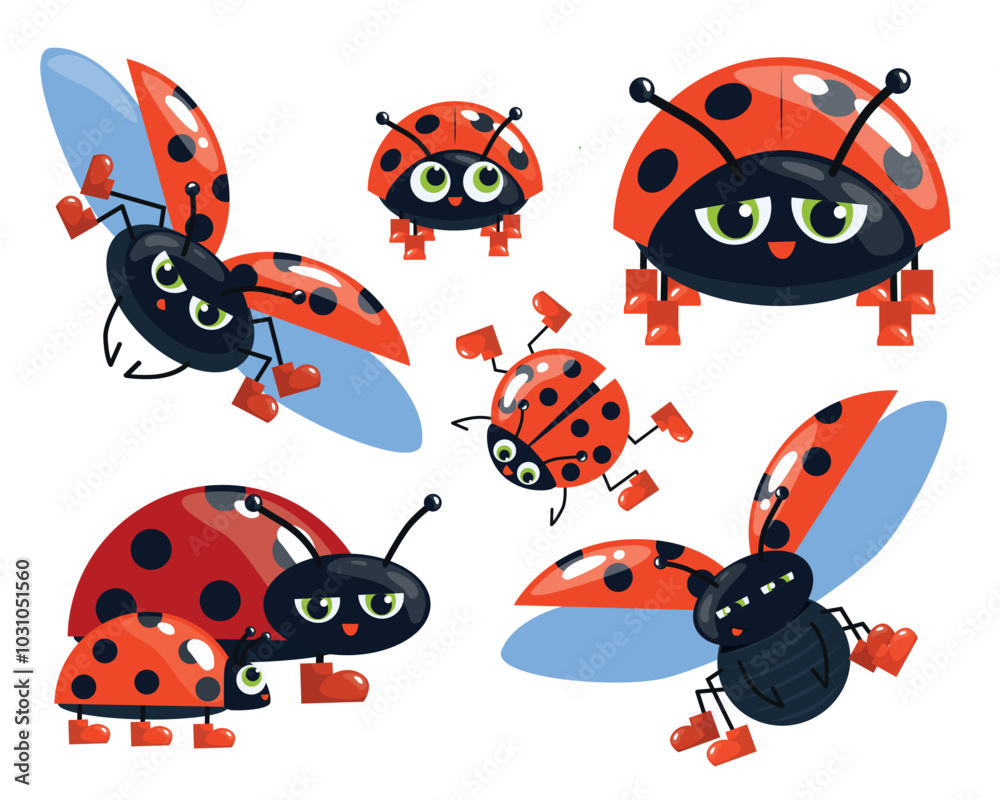Set of ladybug characters in cartoon style.Vector illustration of bright ladybugs with different emotions: flying, crawling, walking, cute,upset, squinting in red boots isolated on a white background. Set of ladybug characters in cartoon style.Vector illustration of bright ladybugs with different emotions: flying, crawling, walking, cute,upset, squinting in red boots isolated on a white background.