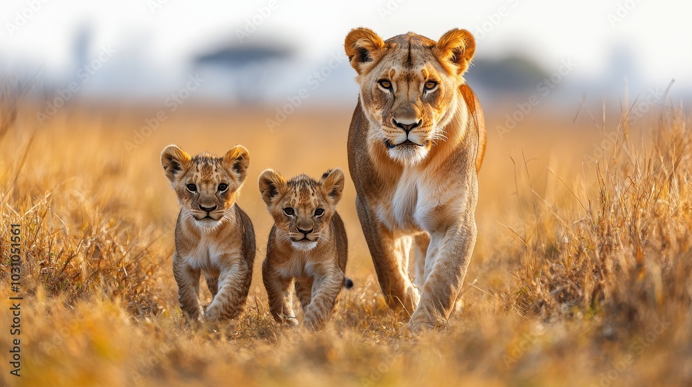 Photograph of a Lioness and Her Cubs Walking Towards the Camera with Focused Eyes in the Savannah
Photograph of a Lioness and Her Cubs Walking Towards the Camera with Focused Eyes in the Savannah