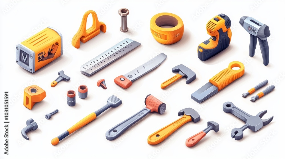 3D vector cartoon icons of essential tools: planer, saw, pliers, screwdriver, vise, drill, hammer, adjustable wrench, bright and detailed 3D vector cartoon icons of essential tools: planer, saw, pliers, screwdriver, vise, drill, hammer, adjustable wrench, bright and detailed