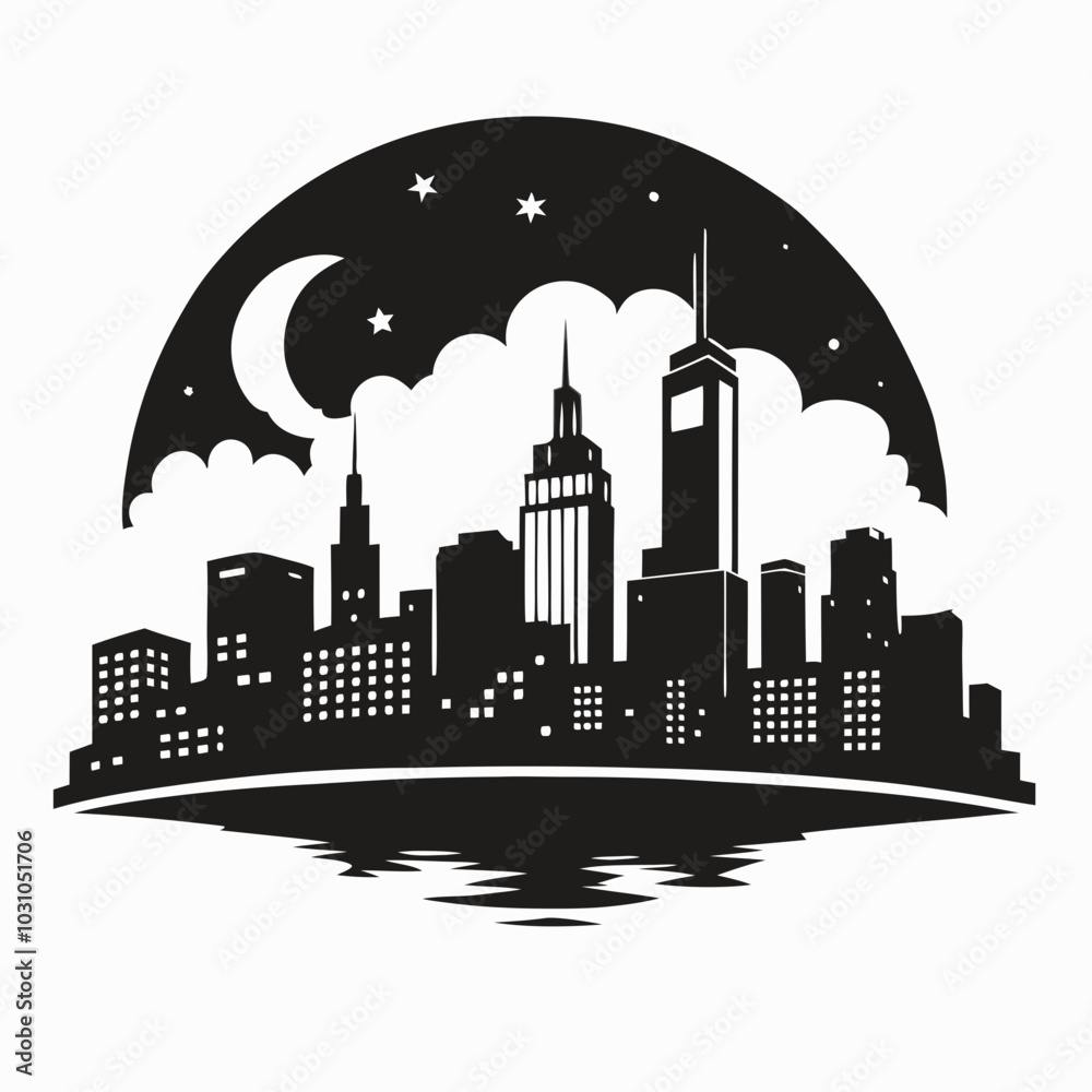 Fototapeta premium Stylized City Skyline Silhouette at Night with Crescent Moon and Stars