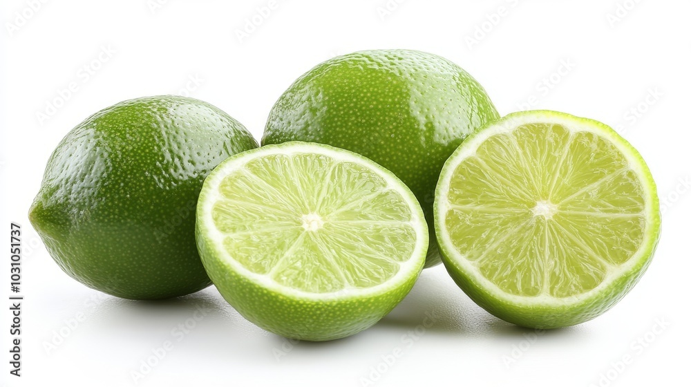Bright limes and lime slices, isolated against a crisp white backdrop, showcasing their zesty freshness Bright limes and lime slices, isolated against a crisp white backdrop, showcasing their zesty freshness