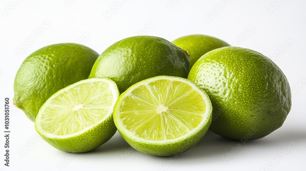 Bright limes and lime slices, isolated against a crisp white backdrop, showcasing their zesty freshness Bright limes and lime slices, isolated against a crisp white backdrop, showcasing their zesty freshness