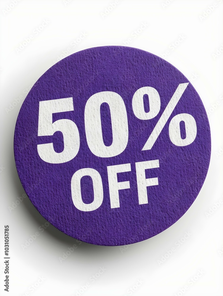 White '50% OFF' Text on a Purple Round Paper Note. White Background White '50% OFF' Text on a Purple Round Paper Note. White Background