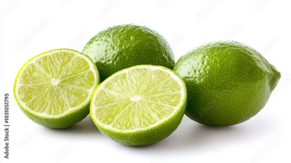 Bright limes and lime slices, isolated against a crisp white backdrop, showcasing their zesty freshness Bright limes and lime slices, isolated against a crisp white backdrop, showcasing their zesty freshness