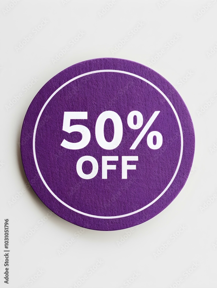White '50% OFF' Text on a Purple Round Paper Note. White Background White '50% OFF' Text on a Purple Round Paper Note. White Background