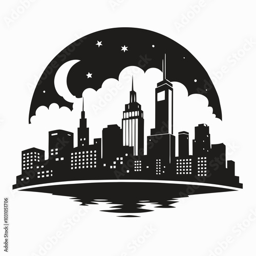 Stylized City Skyline Silhouette at Night with Crescent Moon and Stars