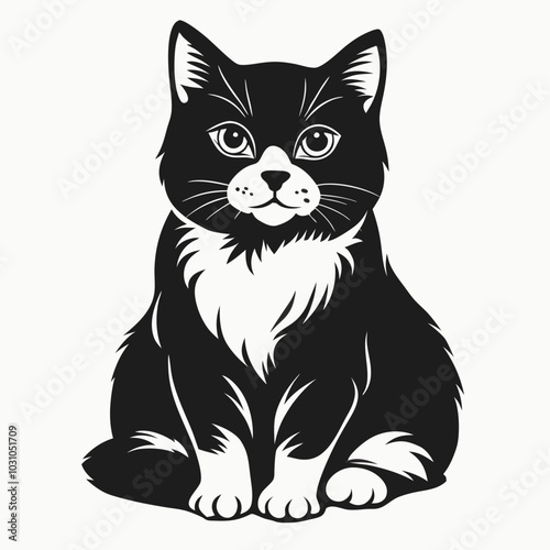 Black and White Illustration of a Cat Sitting Quietly with Attentive Gaze