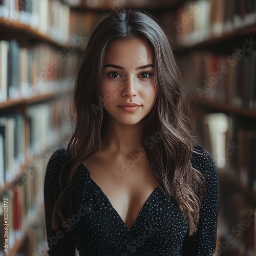 Girl with brown hair in a library