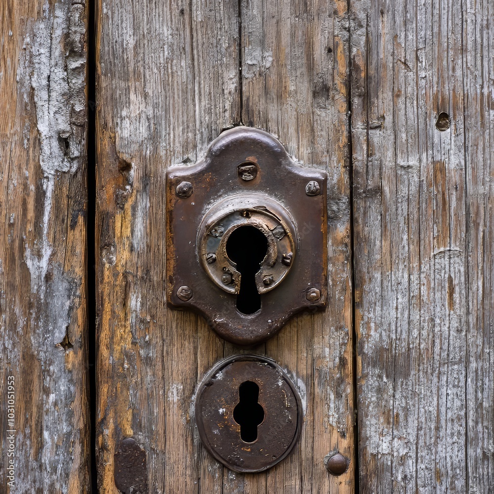 Old lock on wooden door, secure. Old lock on wooden door, secure.