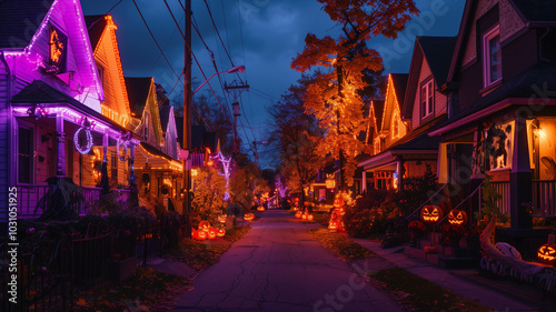 street lined with houses featuring creative Halloween decorations, with orange and purple lights illuminating the night