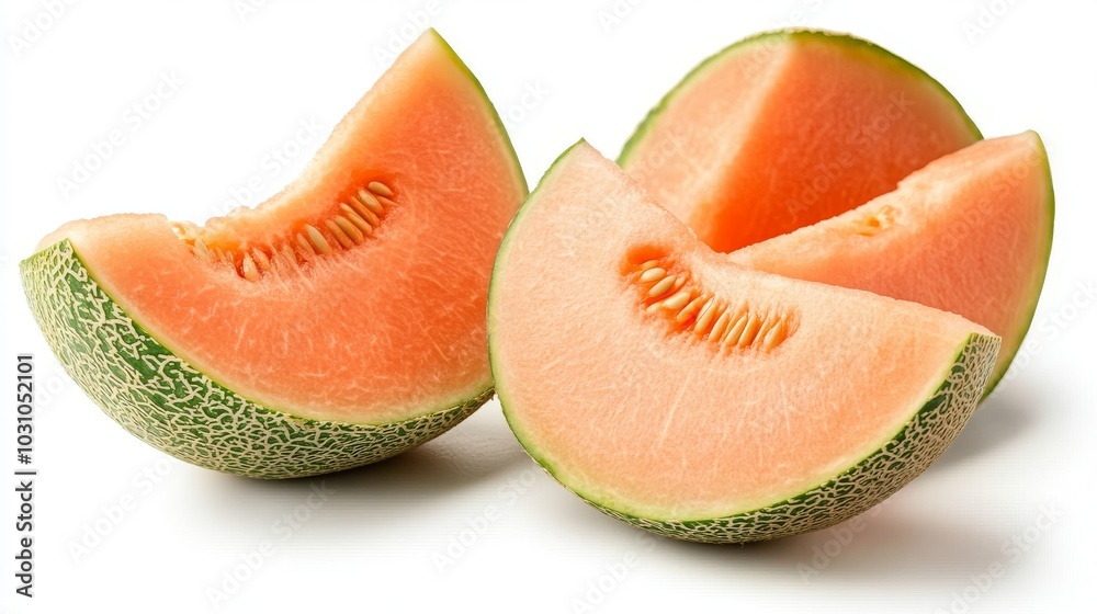 Bright melons and melon slices, isolated against a crisp white backdrop, highlighting their juicy freshness Bright melons and melon slices, isolated against a crisp white backdrop, highlighting their juicy freshness