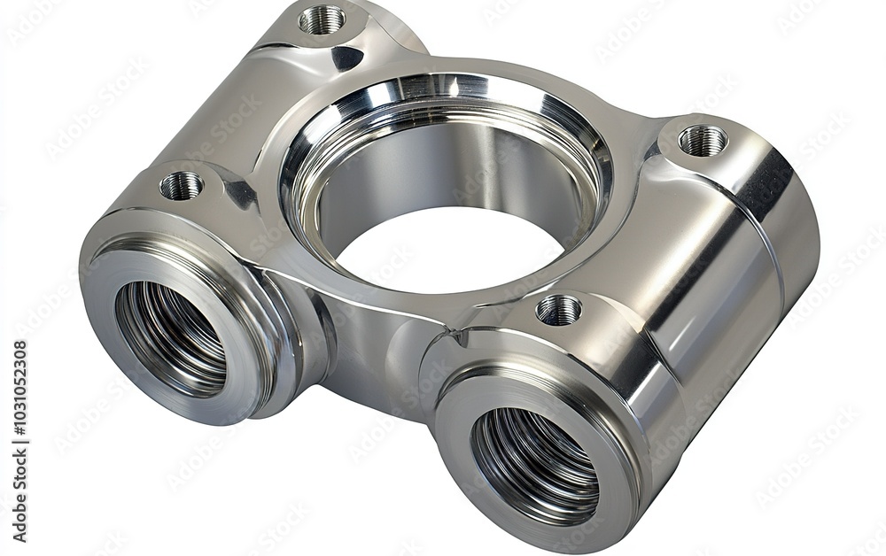 Silver aluminum bracket designed for automotive or industrial use, showcasing precision craftsmanship and threaded openings Silver aluminum bracket designed for automotive or industrial use, showcasing precision craftsmanship and threaded openings