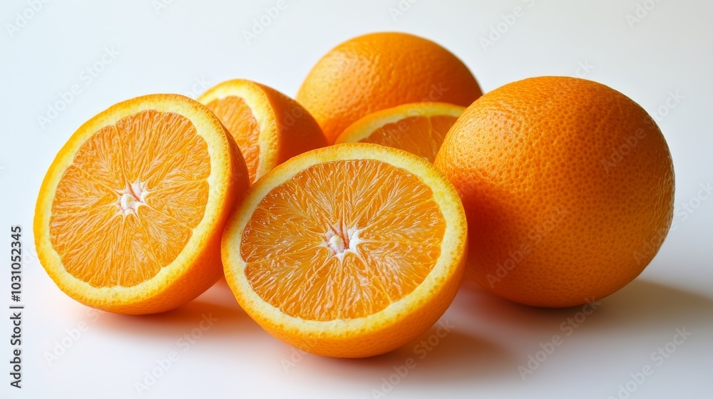 Bright oranges and orange slices, isolated against a crisp white backdrop, highlighting their juicy freshness Bright oranges and orange slices, isolated against a crisp white backdrop, highlighting their juicy freshness