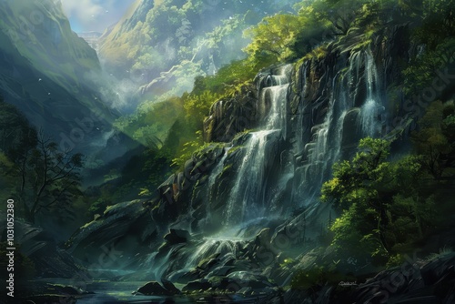 A stunning waterfall cascading down rocky cliffs surrounded by lush greenery in a misty mountain valley during early morning light