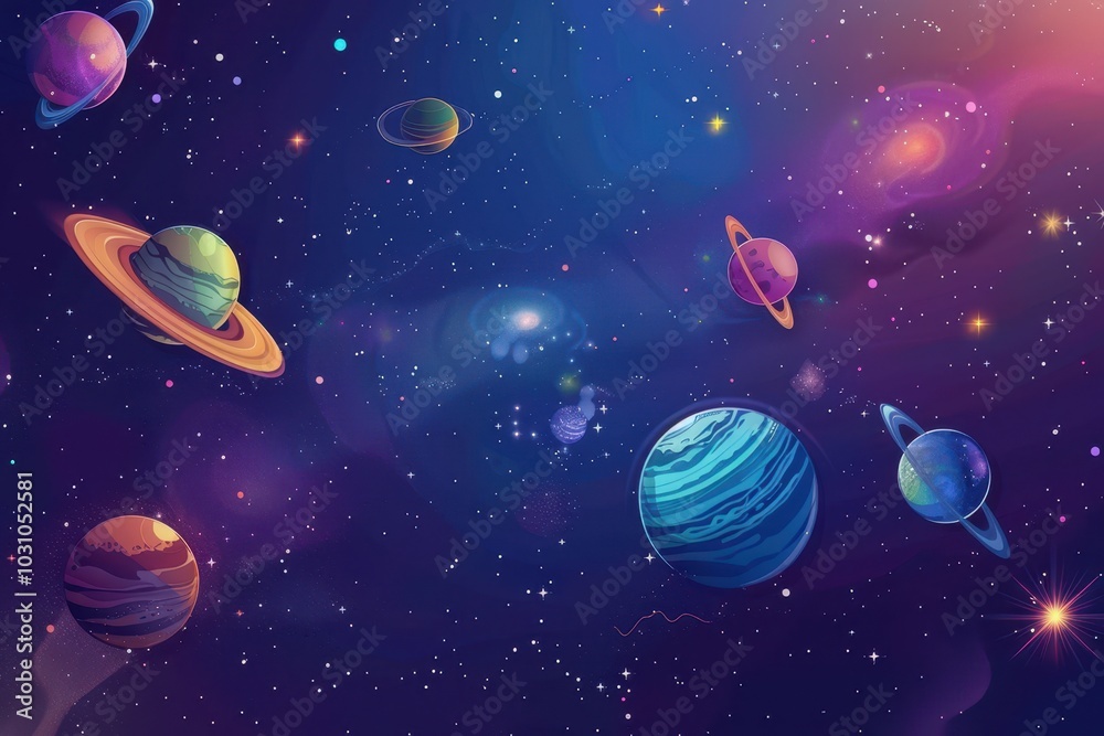 A vibrant cosmic landscape featuring colorful nebulae, distant stars, and two prominent moons illuminated by a nearby glowing celestial body A vibrant cosmic landscape featuring colorful nebulae, distant stars, and two prominent moons illuminated by a nearby glowing celestial body