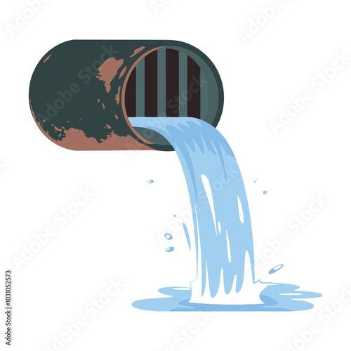 Pipe with water, illustrating a drainage system. Flat cartoon illustration isolated on a white background. Ideal for water supply, sewerage, and industrial drain themes.