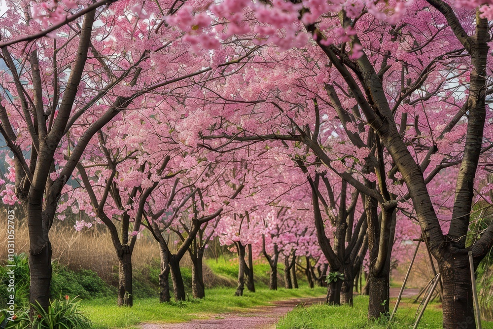 Cherry blossom trees lining a serene pathway create a breathtaking view in spring, inviting visitors to enjoy nature's beauty in full bloom Cherry blossom trees lining a serene pathway create a breathtaking view in spring, inviting visitors to enjoy nature's beauty in full bloom