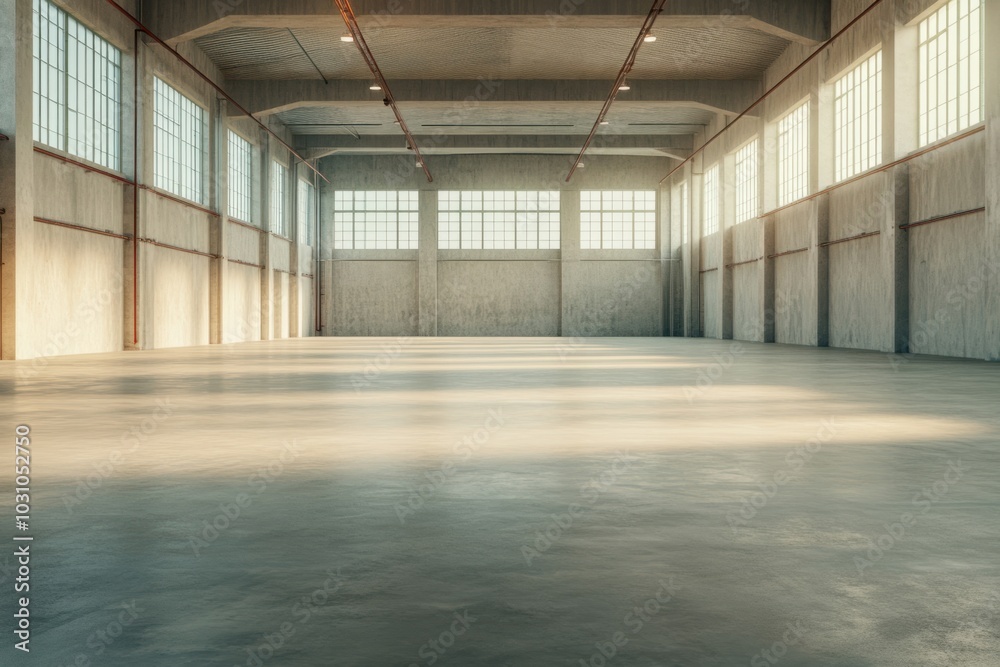 A spacious industrial warehouse with large windows shining light on concrete floors during the afternoon A spacious industrial warehouse with large windows shining light on concrete floors during the afternoon