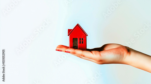 House miniature, concept mortgage, good deal, symbolic image little house on hannd, minimalism photo