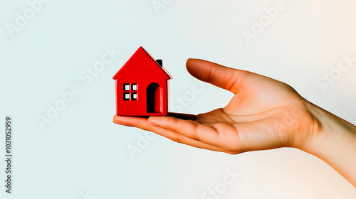 House miniature, concept mortgage, good deal, symbolic image little house on hannd, minimalism