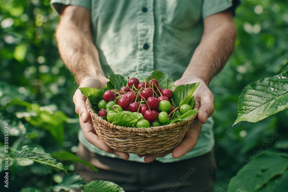 A person holding a wicker basket filled with freshly picked cherries and green fruits in a lush green garden during daytime A person holding a wicker basket filled with freshly picked cherries and green fruits in a lush green garden during daytime