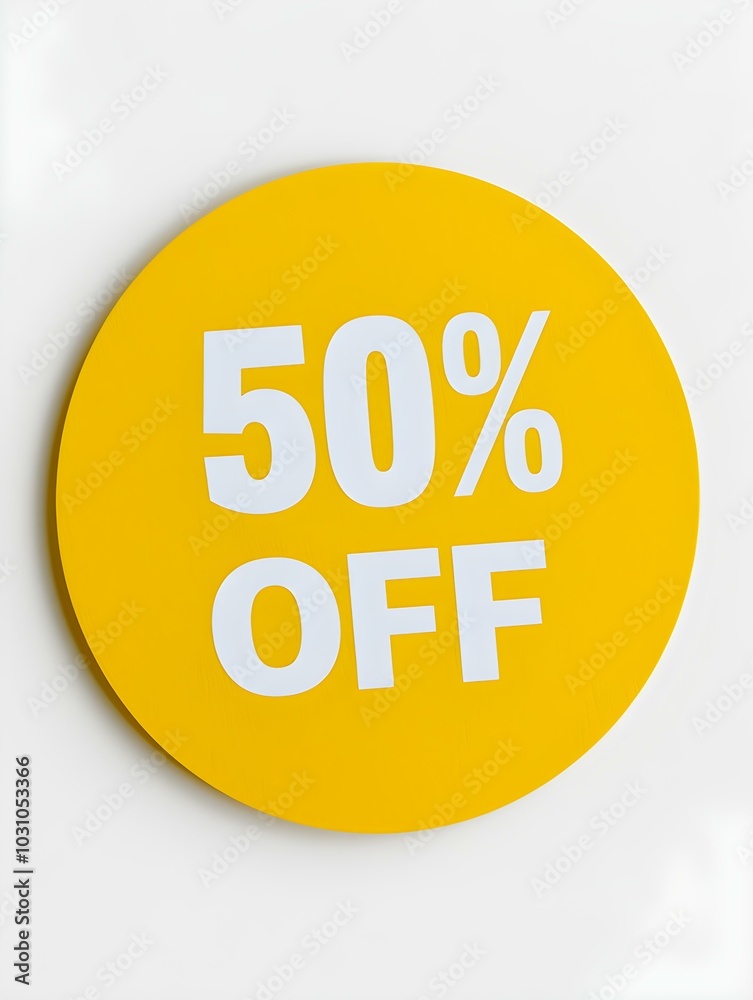 White '50% OFF' Text on a Yellow Round Paper Note. White Background White '50% OFF' Text on a Yellow Round Paper Note. White Background