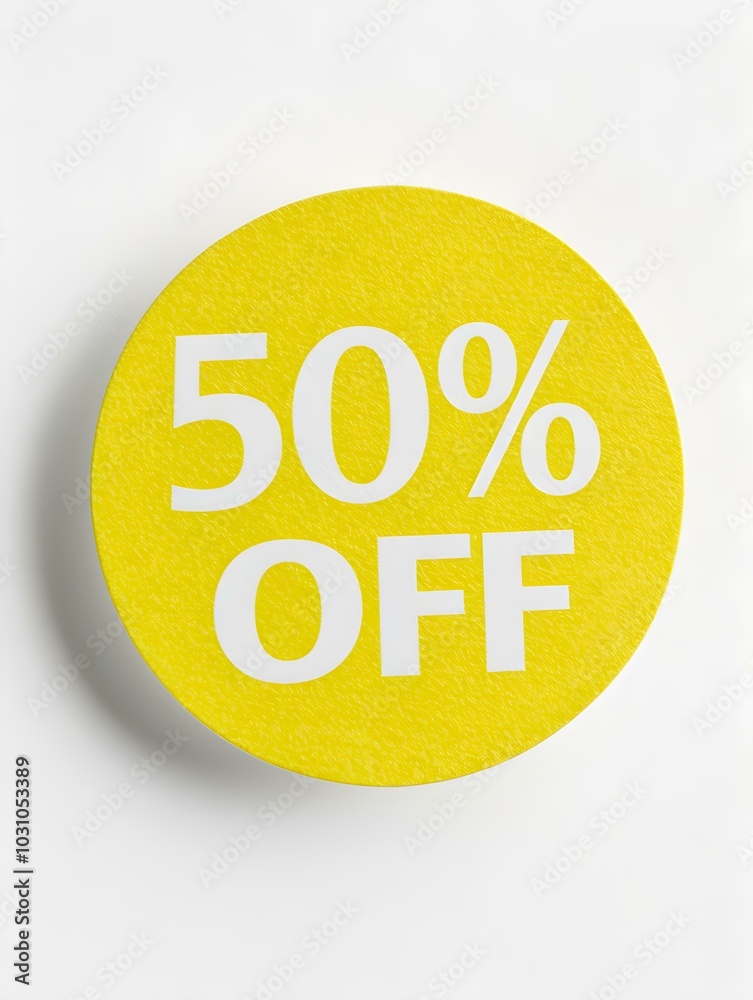White '50% OFF' Text on a Yellow Round Paper Note. White Background White '50% OFF' Text on a Yellow Round Paper Note. White Background