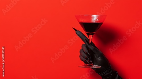 Black latex hand holding cocktail against red background 