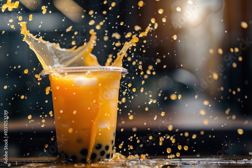 A vibrant orange drink splashes over a glass filled with tapioca pearls in a lively setting, capturing the joy of summer refreshment and delicious flavors amidst a bustling cafe atmosphere