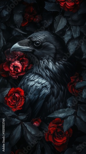 A black crow is sitting on a bed of red roses