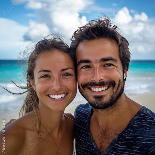 Couple taking selfie at beach