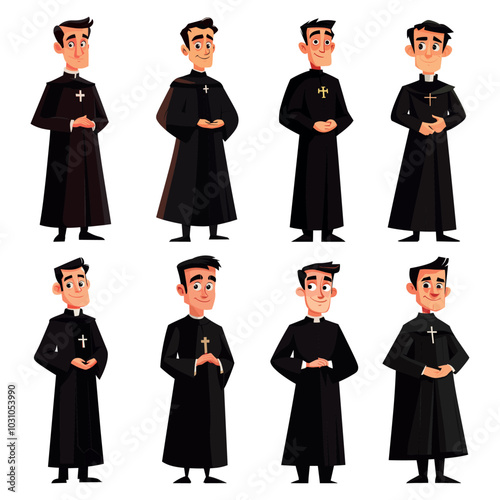 Priests characters. Christian church pastor, catholic priest holy father, cartoon vector illustration set