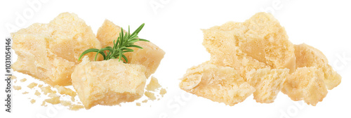 Pieces of parmesan cheese with rosemary isolated on white background