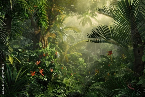 A vibrant tropical rainforest with lush vegetation, bright flowers, and a winding stream, captured during a misty morning in a serene natural setting