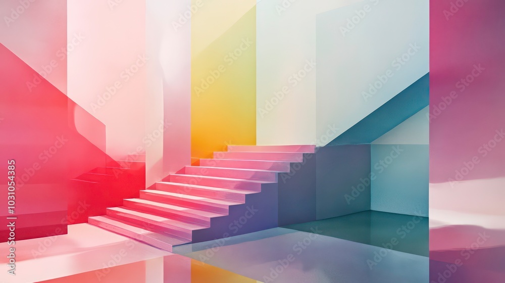 Fototapeta premium Abstract minimal interior design with colorful stairs and walls.