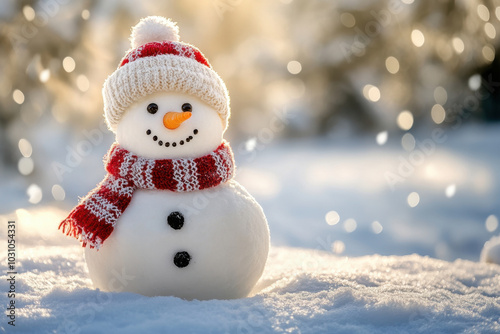 A cheerful snowman stands proudly in a snowy landscape during a magical winter snowfall