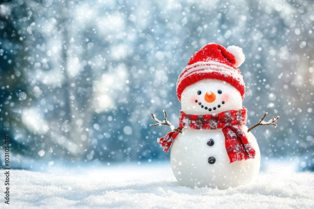 A cheerful snowman stands proudly in a snowy landscape during a magical winter snowfall A cheerful snowman stands proudly in a snowy landscape during a magical winter snowfall