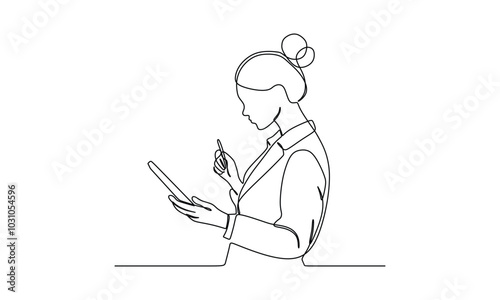 Continuous line drawing of businesswoman working on tablet. Business concept. Vector illustration